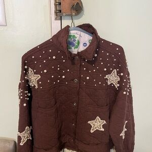 Brown Quilted Jacket with Star and Pearl Embellishments